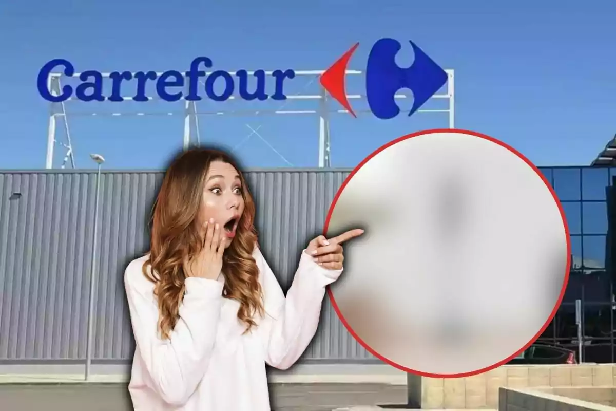 Mujer sorprendida señalando algo borroso frente a una tienda Carrefour.