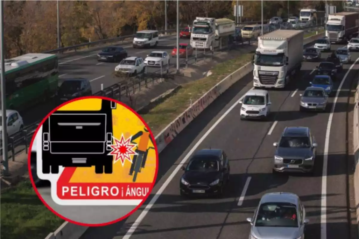 Montaje con una carretera llena de coches y camiones circulando por ella y un círculo con una señal de 'Peligro' de la DGT