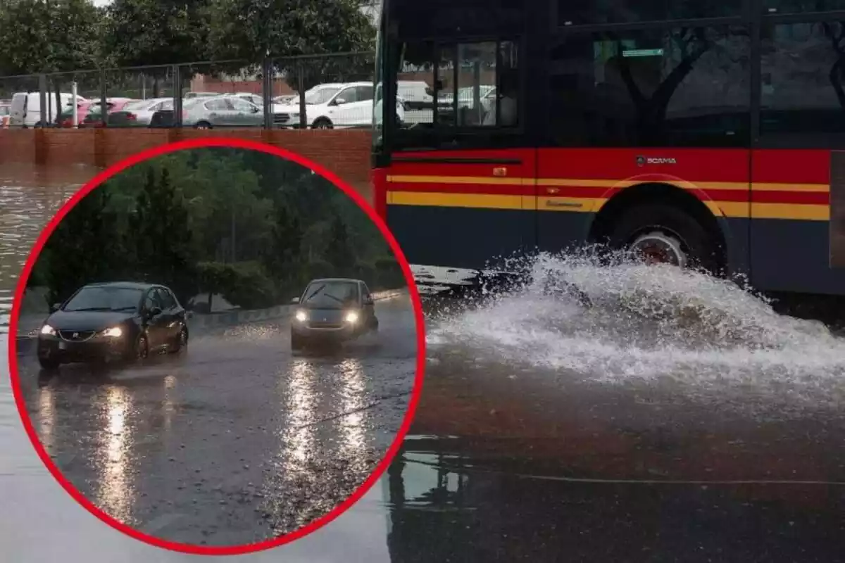 Imagen de fondo de un autobús levantando agua en una carretera inundada y otra imagen de dos coches circulando por una carretera también con mucha agua