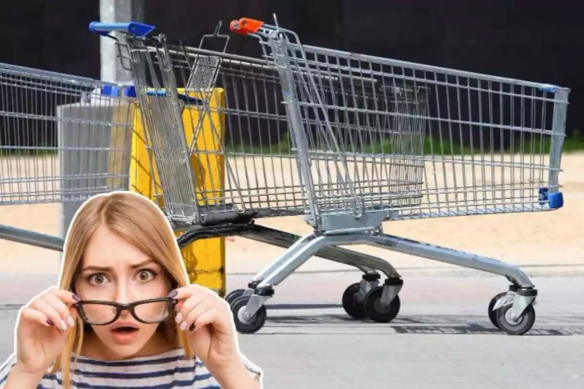 Imagen de fondo de varios carros de la compra vacíos en la calle, junto a una imagen en primer plano de una mujer sorprendida