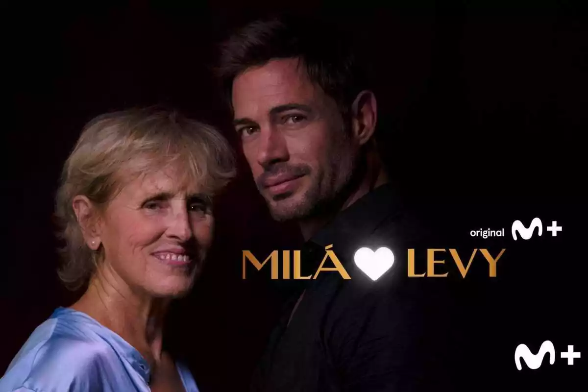 William Levy y Mercedes Milá, ambos con rostros sonrientes y en un fondo negro, en un cartel promocional de Movistar+ William Levy y Mercedes Milá, ambos con rostros sonrientes y en un fondo negro, en un cartel promocional de Movistar+