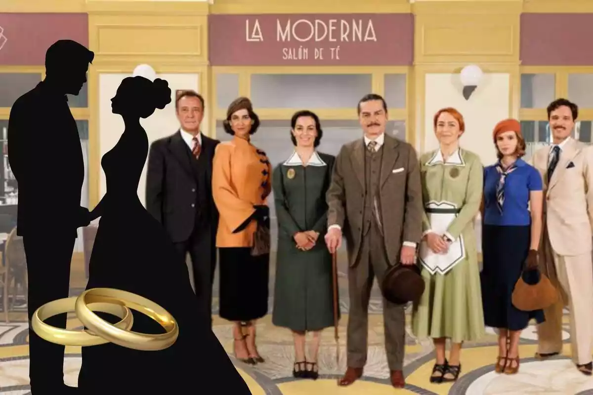 Montaje de fotos del cartel promocional de la serie 'La Moderna' y junto a la silueta de unos Novios con alianzas de boda al lado