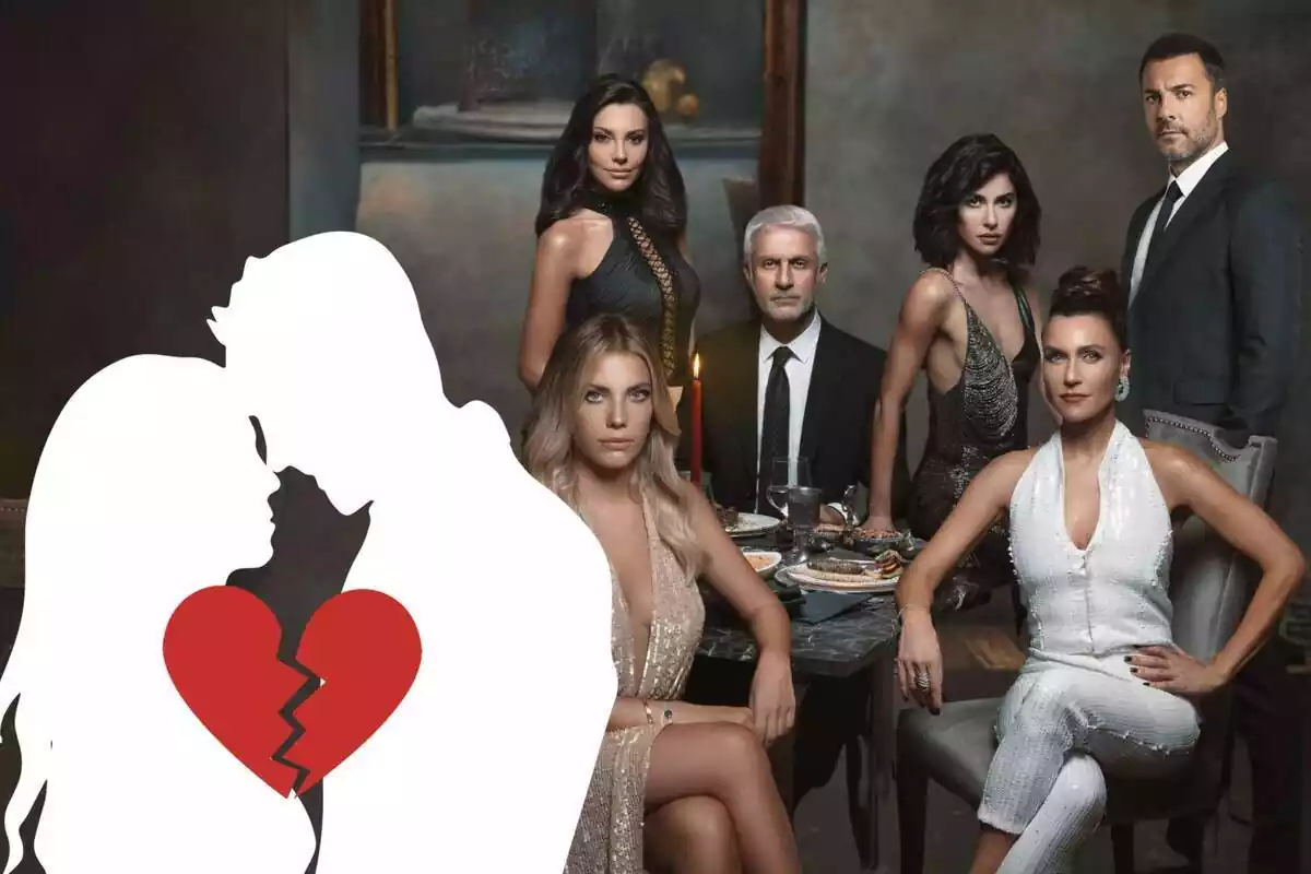 Imagen de los actores y actrices principales de la serie 'Pecado Original' y, al lado, la silueta de una pareja con el corazón roto