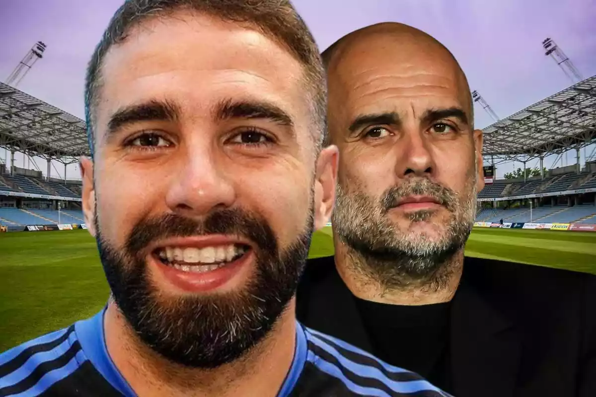 Dani Carvajal en primer plano al lado de Pep Guardiola y un estadio de fútbol al fondo