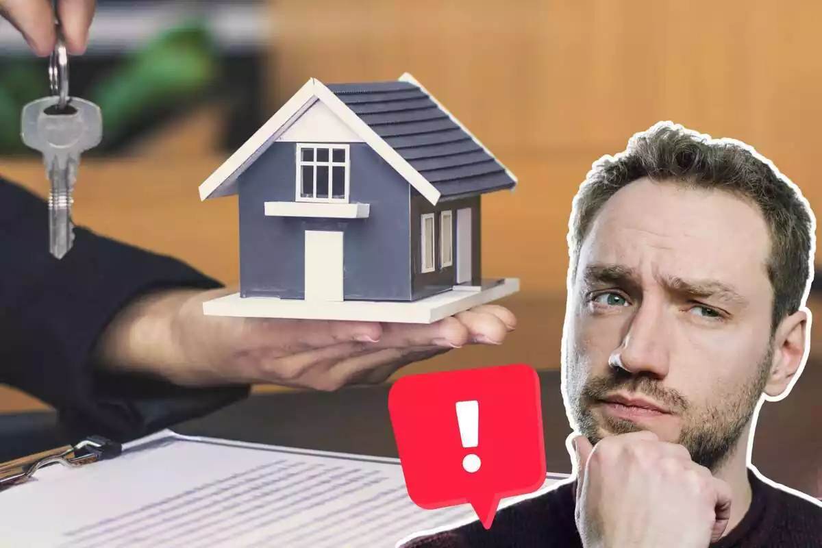 Imagen de fondo de una casa en miniatura y una persona entregando unas llaves, otra imagen de un hombre con gesto pensativo y un emoticono de una exclamación