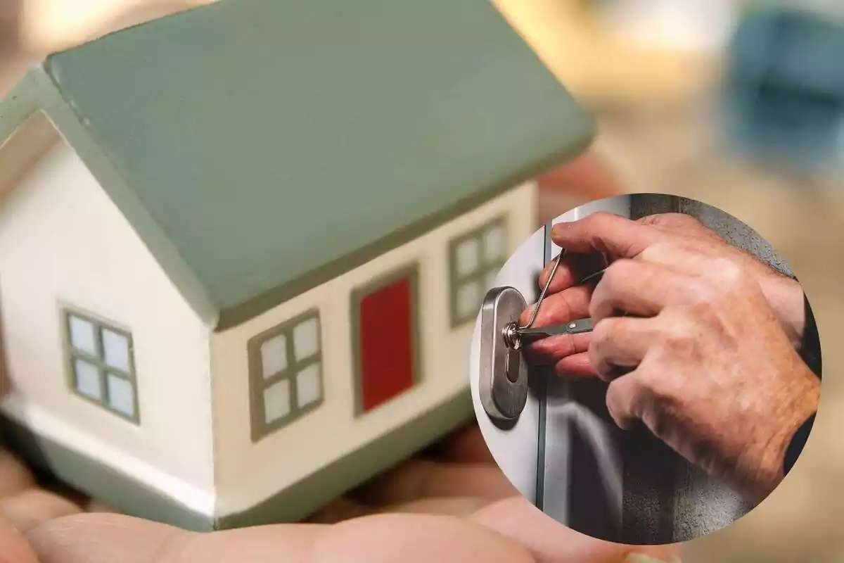 Una figura de una casa en miniatura con otra imagen de una persona forzando una cerradura