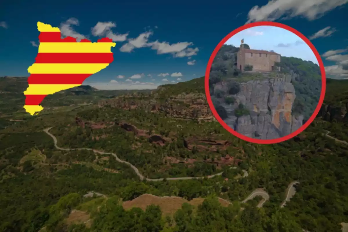 Unas montañas y un círculo con una ermita sobre un acantilado y el emblema de cataluña