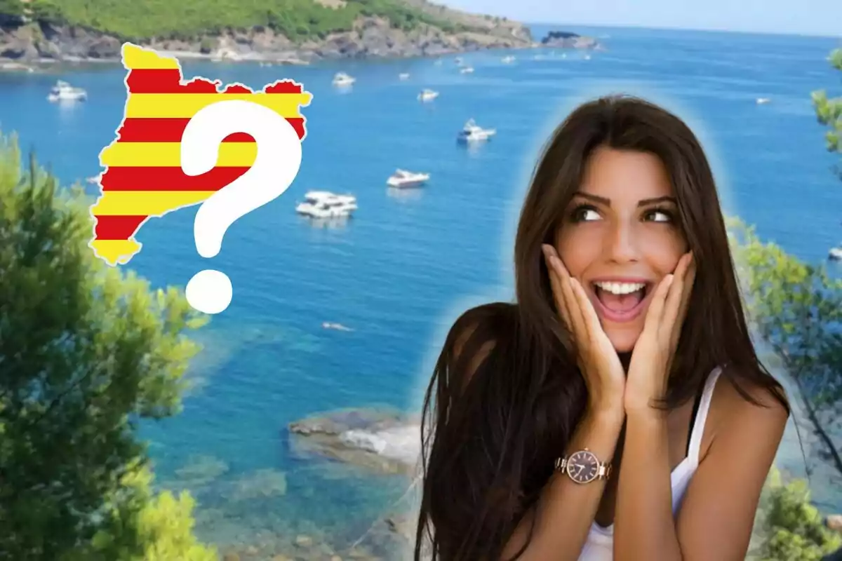 Una mujer sonriente con las manos en las mejillas, con un fondo de mar y barcos, y un mapa con la bandera catalana y un signo de interrogación.