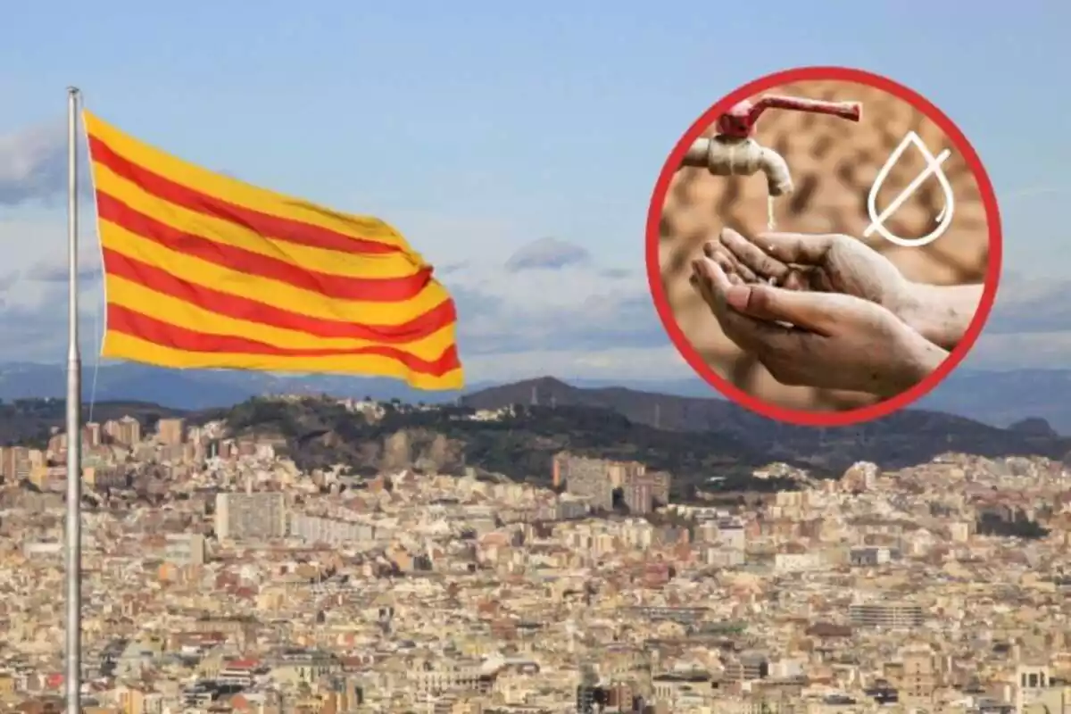 Una bandera de cataluña sobre Barcelona y un círculo rojo con una mano intentando coger agua de un grifo y un emoji de agua prohibida