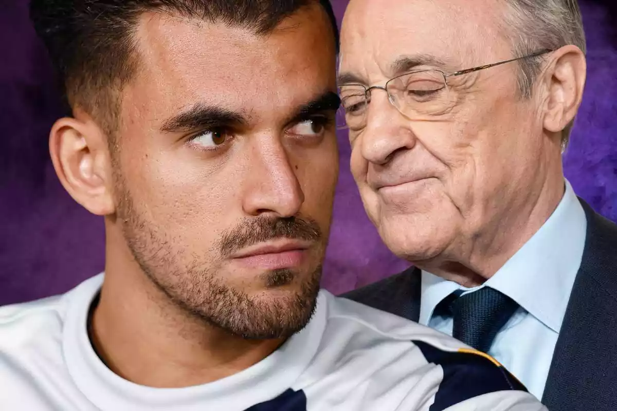 Dani Ceballos y Florentino Pérez se miran cara a cara sobre un fondo de color lila