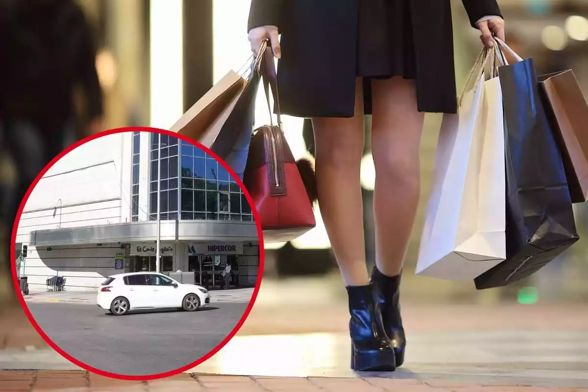 Imagen de fondo de una mujer paseando con bolsas en la mano y otra imagen de la fachada del centro comercial en Méndez Álvaro