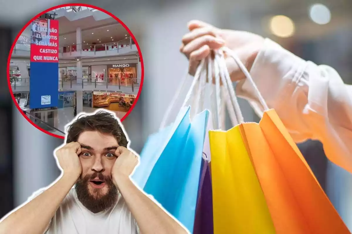 Montaje con una imagen de fondo de una persona sosteniendo bolsas de compra en una mano y otra imagen del interior del centro comercial La Vaguada y un hombre con gesto de sorpresa