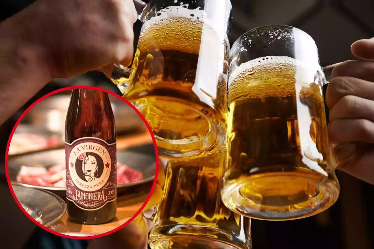 Imagen de fondo de una imagen de varias jarras de cerveza y otra imagen de una botella de cerveza marca La Virgen