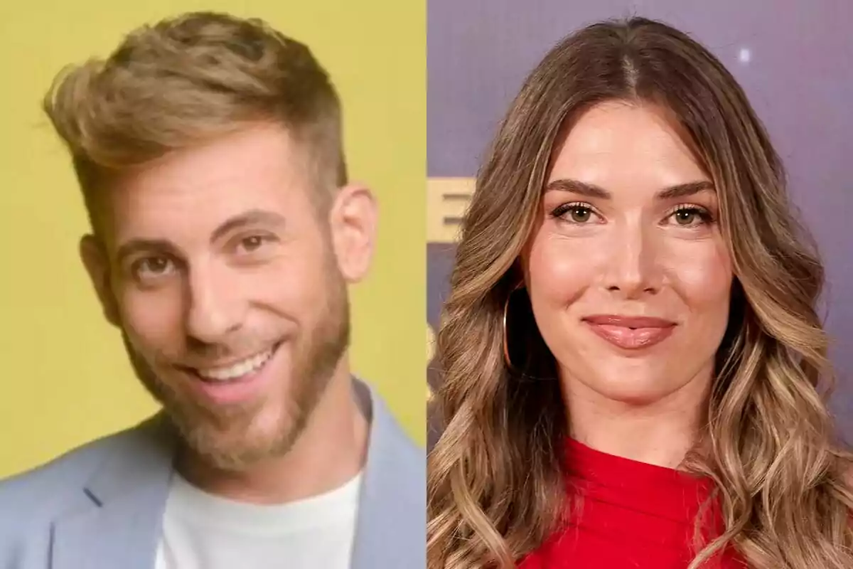 César Muñoz sonriente con barba y cabello corto rubio claro a la izquierda y Àlex Blanquer de cabello largo y ondulado con vestido rojo a la derecha César Muñoz sonriente con barba y cabello corto rubio claro a la izquierda y Àlex Blanquer de cabello largo y ondulado con vestido rojo a la derecha