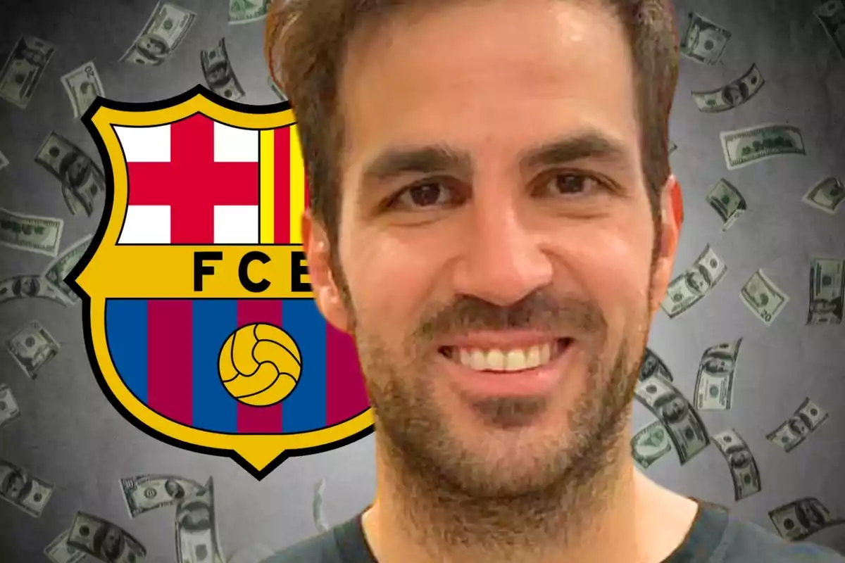 Hombre sonriente frente al escudo del FC Barcelona con billetes de fondo.