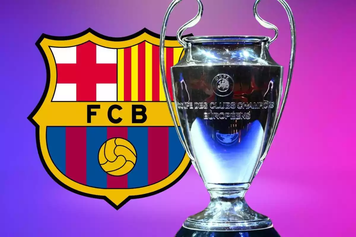 El trofeo de la UEFA Champions League junto a un escudo del FC Barcelona sobre un fondo azul y rosa