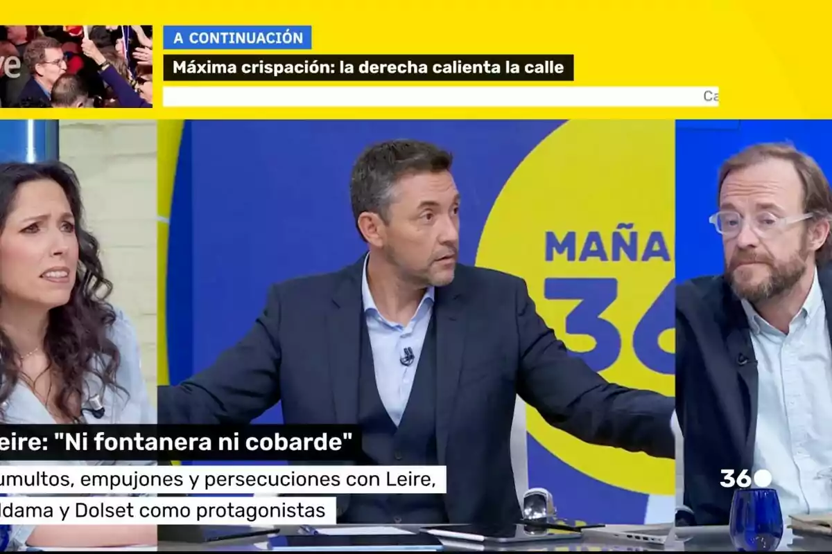 Javier Ruiz, Chapu Apaolaza y Marta Nebot en un debate televisivo en un programa llamado 'Mañaneros 360', con gráficos y titulares informativos en la pantalla. Javier Ruiz, Chapu Apaolaza y Marta Nebot en un debate televisivo en un programa llamado 'Mañaneros 360', con gráficos y titulares informativos en la pantalla.