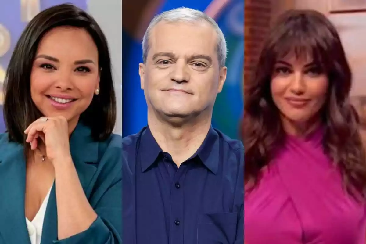 Tres personas posan frente a la cámara, Chenoa en Dog House y Lara Álvarez en La Conexión a los lados y Ramón García en El Grand Prix en el centro, todos con expresiones amigables.
