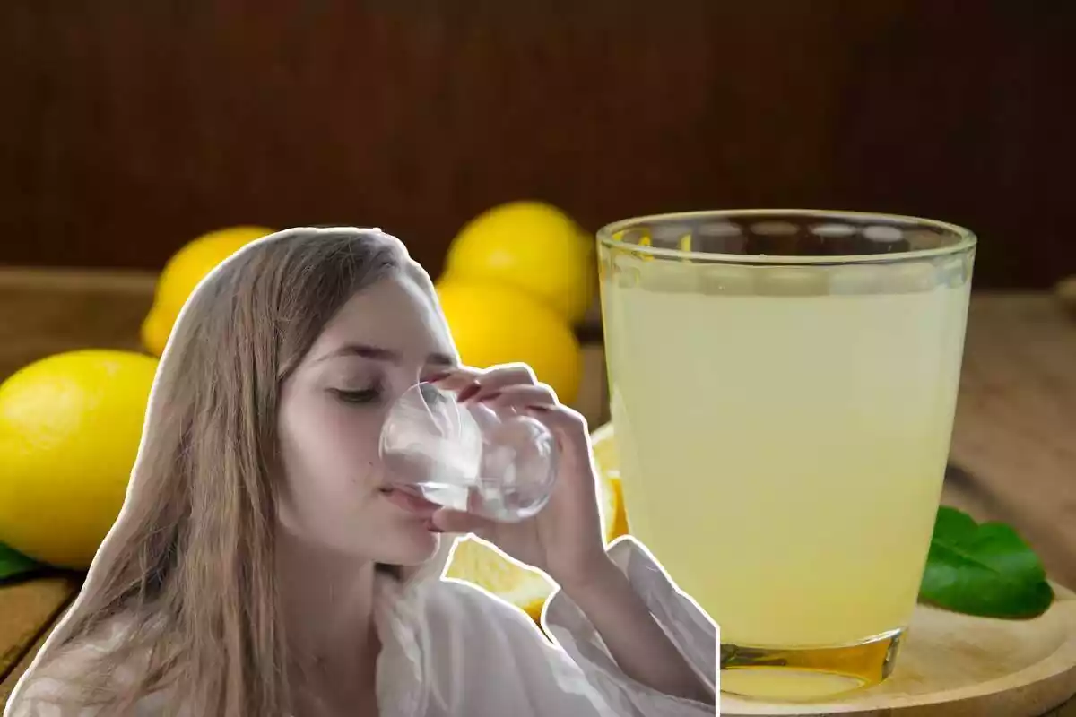 Chica bebiendo y vaso con zumo de limón