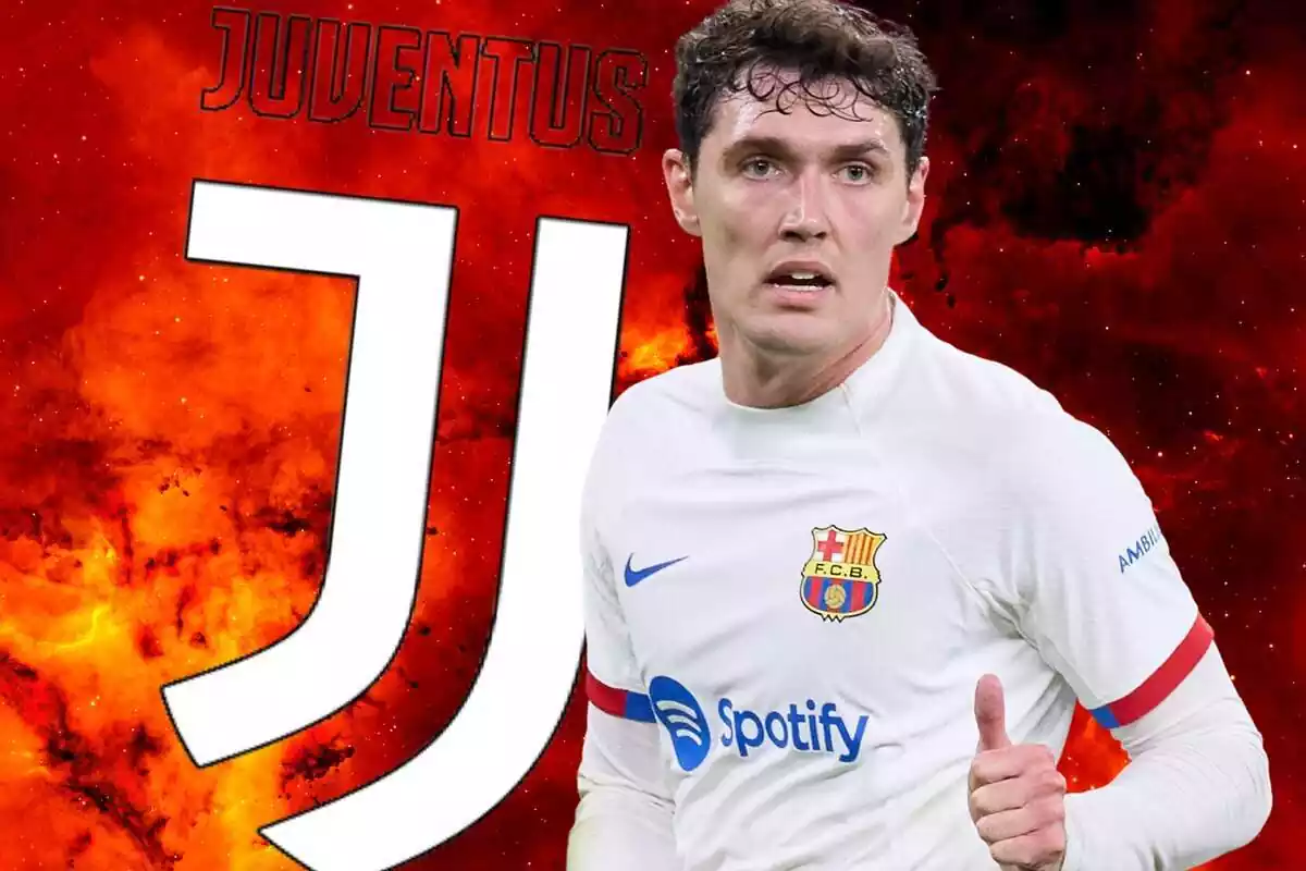 Andreas Christensen en primer plano con el escudo de la Juventus de Turín y fuego de fondo