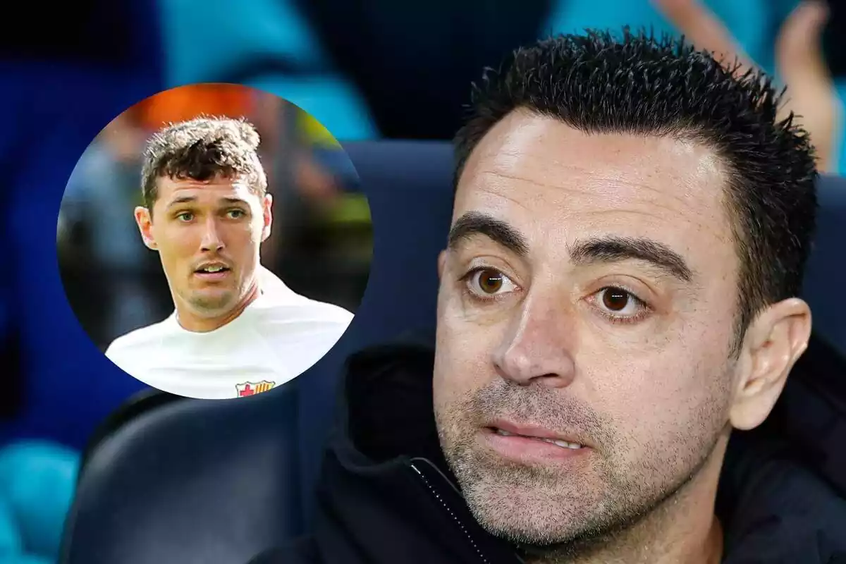 Montaje de Xavi contrariado mirando a Andreas Christensen