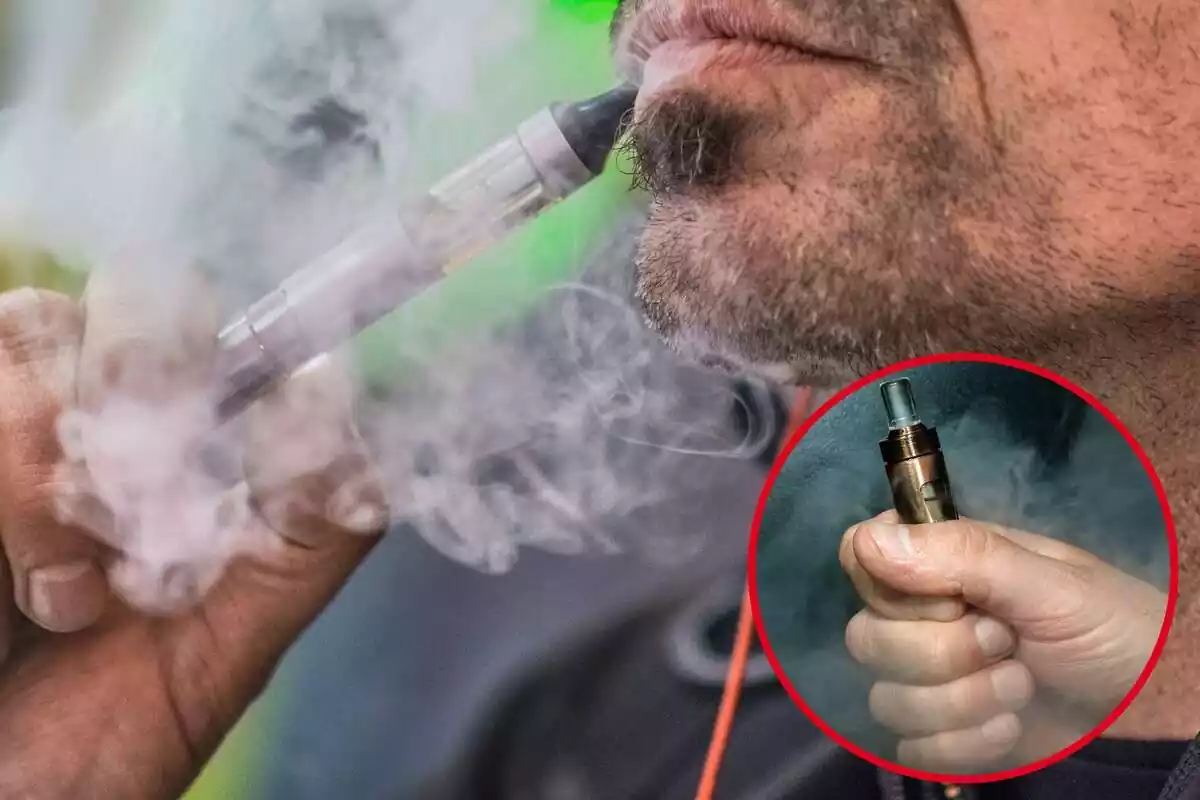 Imagen de una persona de fondo fumando con un cigarrillo electrónico y con humo alrededor y otra imagen de una mano sosteniendo otro cigarrillo electrónico
