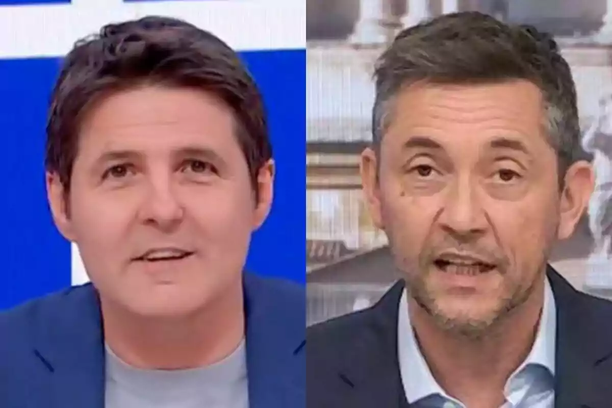 Jesús Cintora y Javier Ruiz con cabello corto y oscuro aparecen en primer plano, cada uno en un entorno de estudio de televisión diferente.