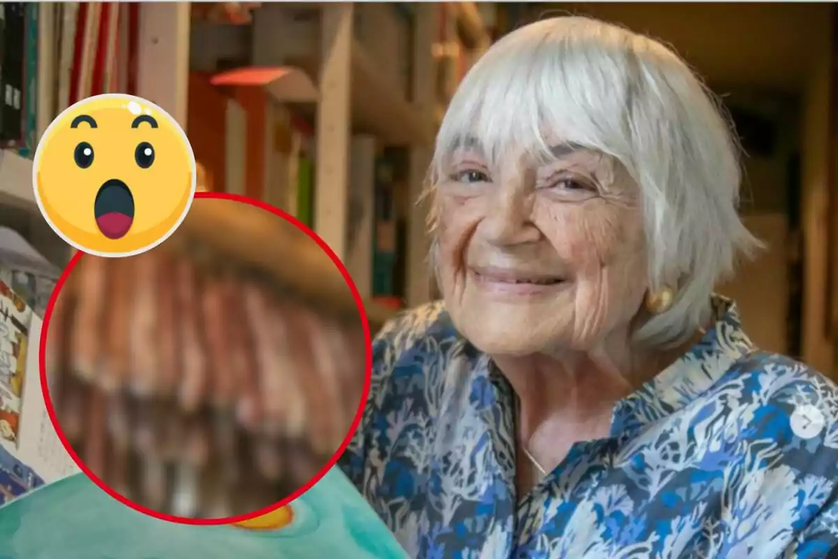 Una mujer mayor sonriente con cabello blanco y una camisa de colores, junto a un emoji sorprendido y una imagen borrosa en un círculo rojo.