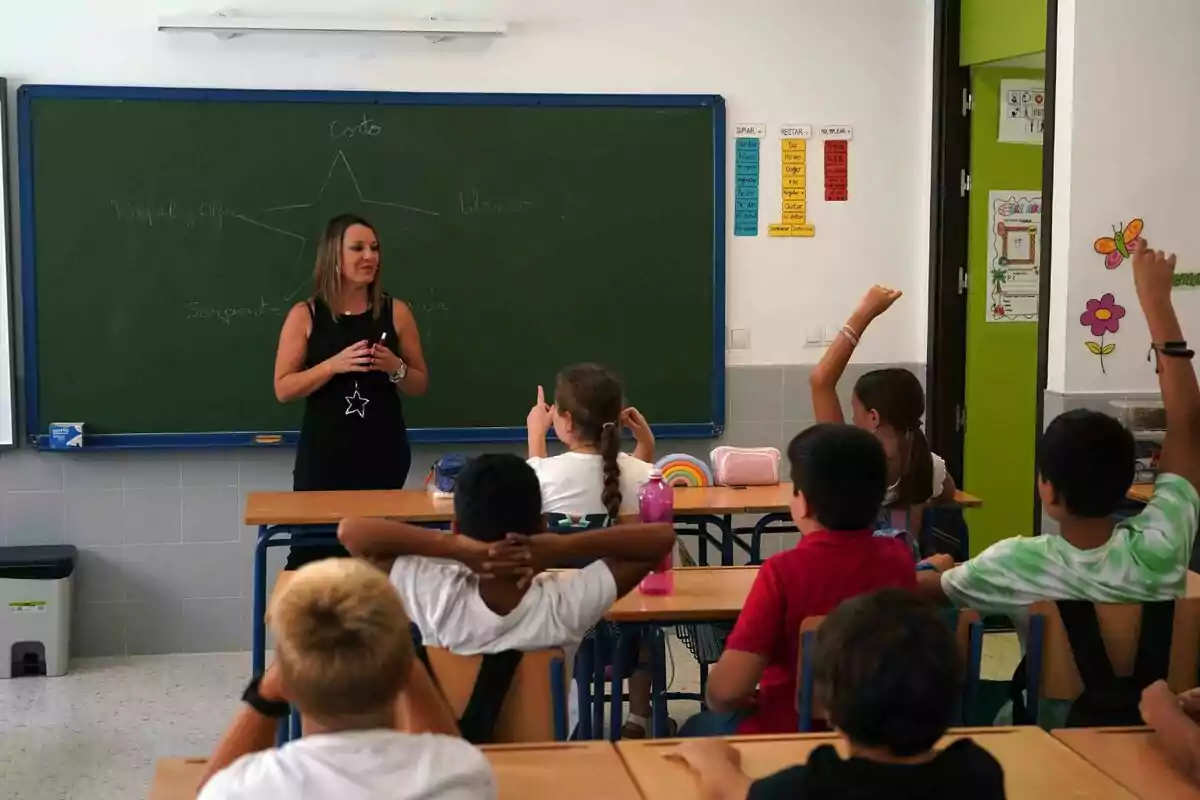 Una maestra está de pie frente a una pizarra verde en un aula mientras varios estudiantes están sentados en sus escritorios prestando atención y algunos levantan la mano. Una maestra está de pie frente a una pizarra verde en un aula mientras varios estudiantes están sentados en sus escritorios prestando atención y algunos levantan la mano.
