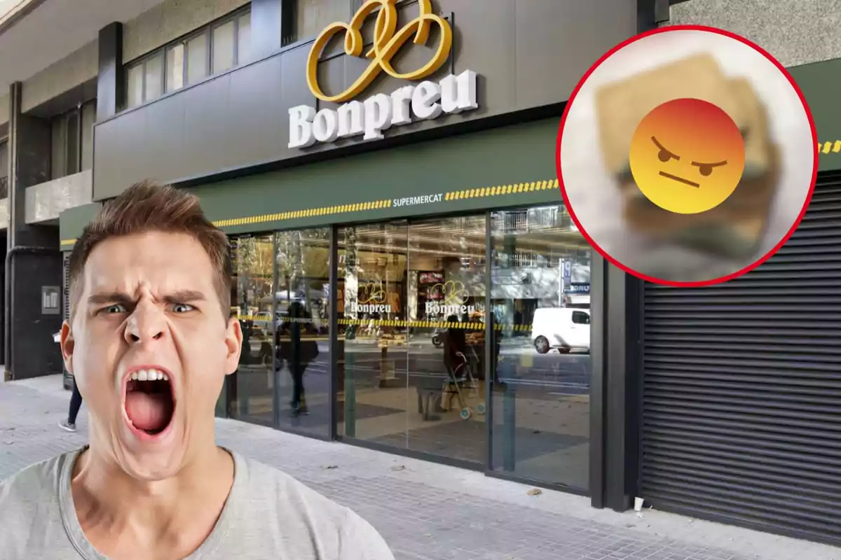 Supermercado Bonpreu, chico enfadado, circulo rojo con emoticono de enfado