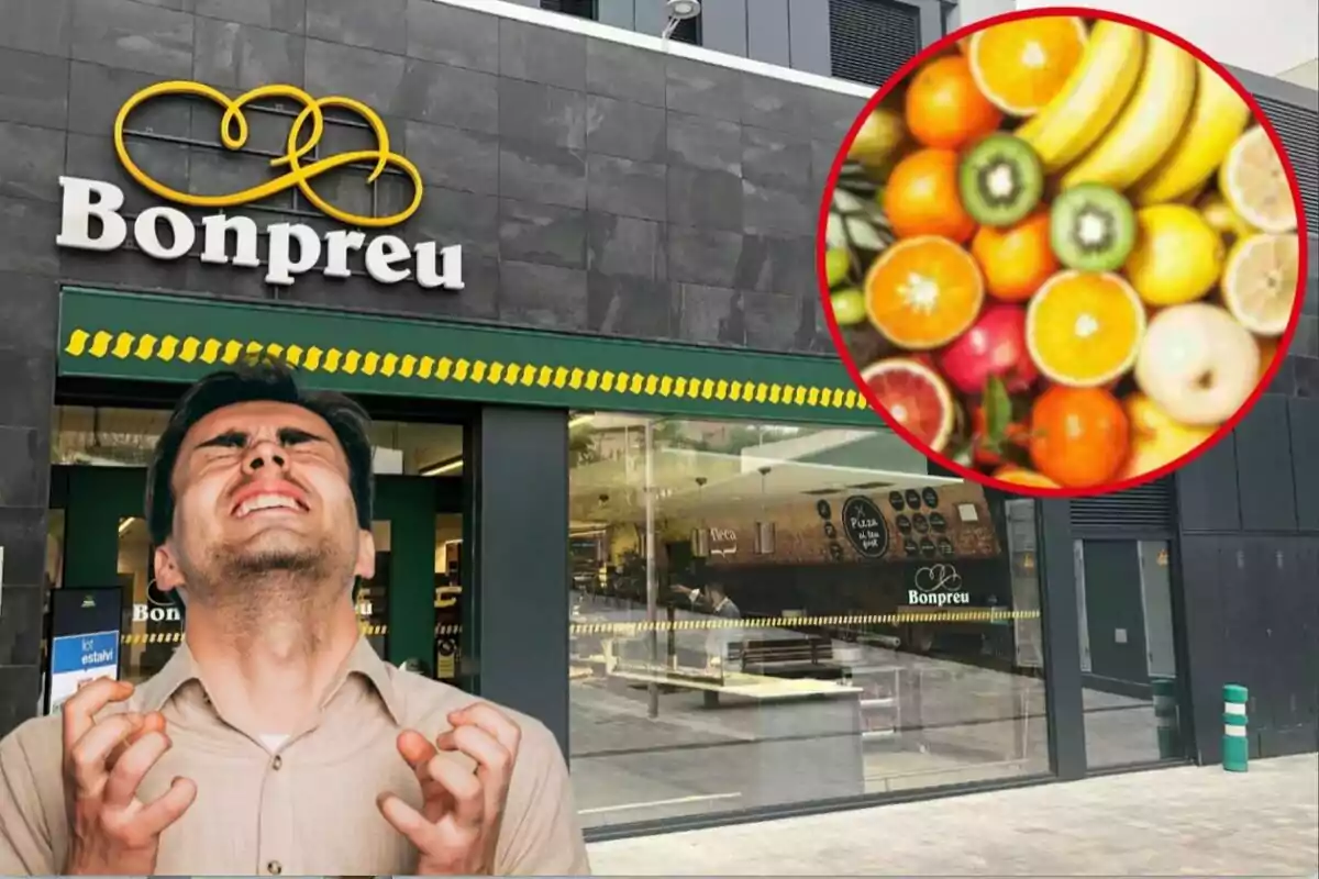 Supermercado Bonpreu, cliente enfadado, circulo rojo con frutas