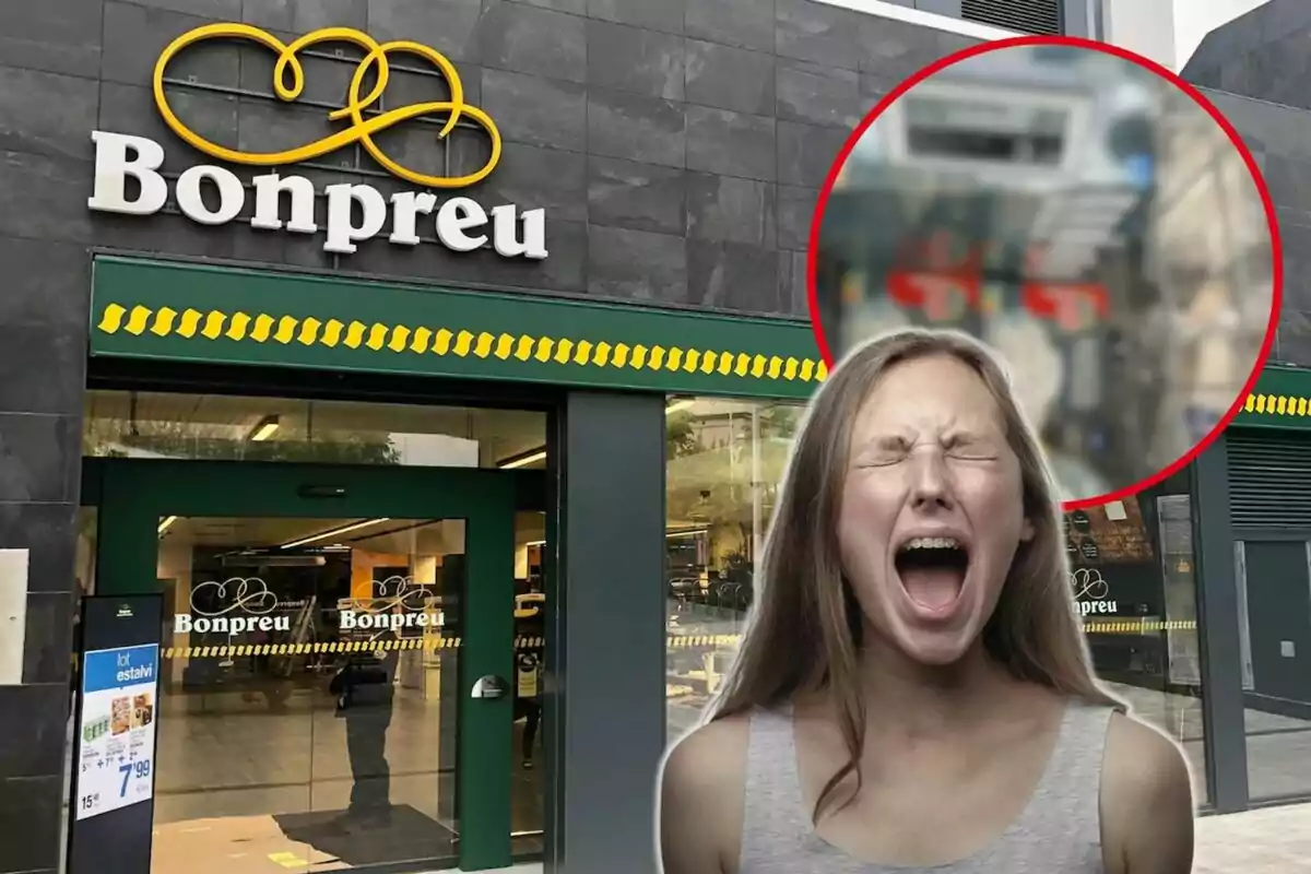 Supermercado Bonpreu, chica enfadada y circulo rojo con fotografía borrosa