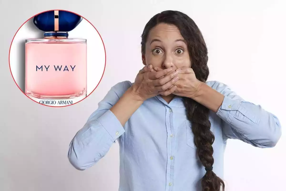 mujer sorprendida y perfume my way de Giorgio Armani, montaje de foto