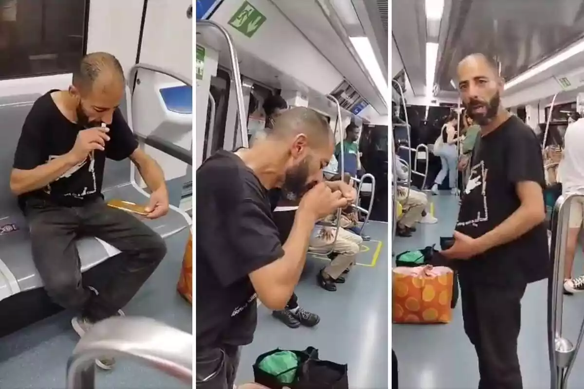 Montaje de un hombre consumiendo cocaína en el metro de Barcelona