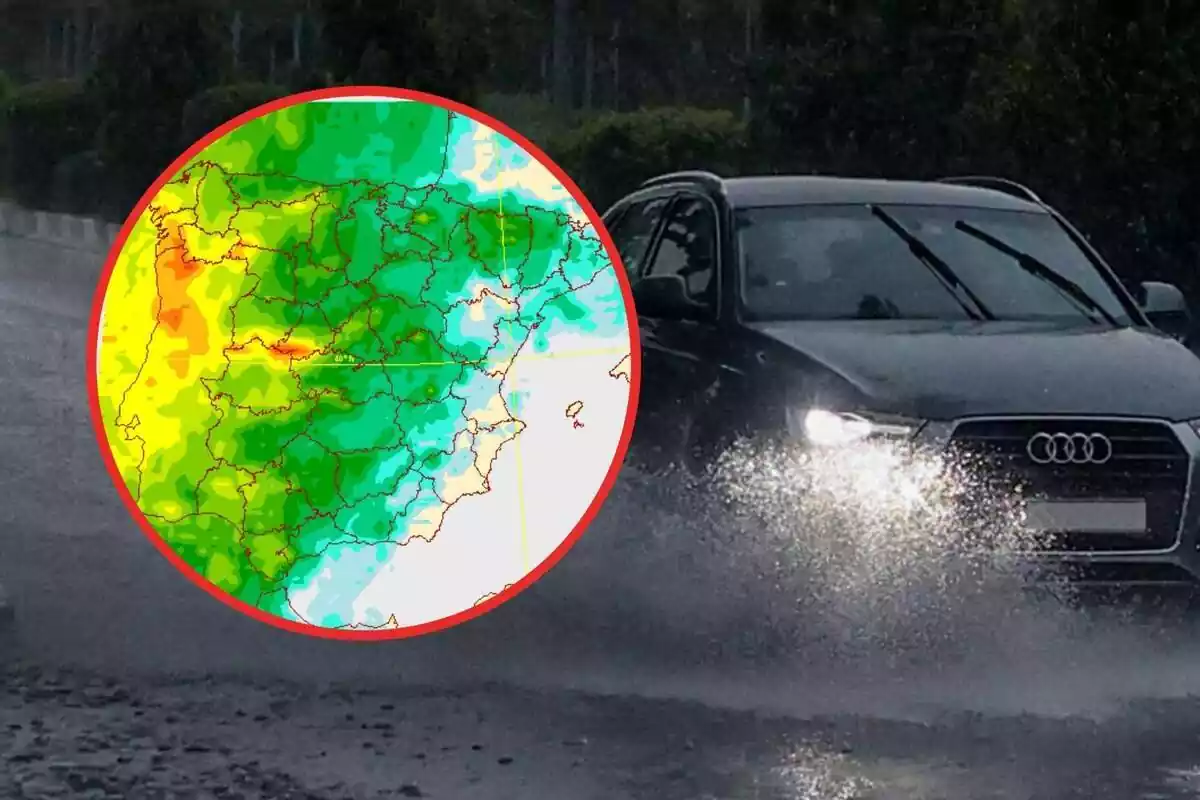 Montaje con un coche atravesando un charco de agua y un mapa de precipitación acumulada
