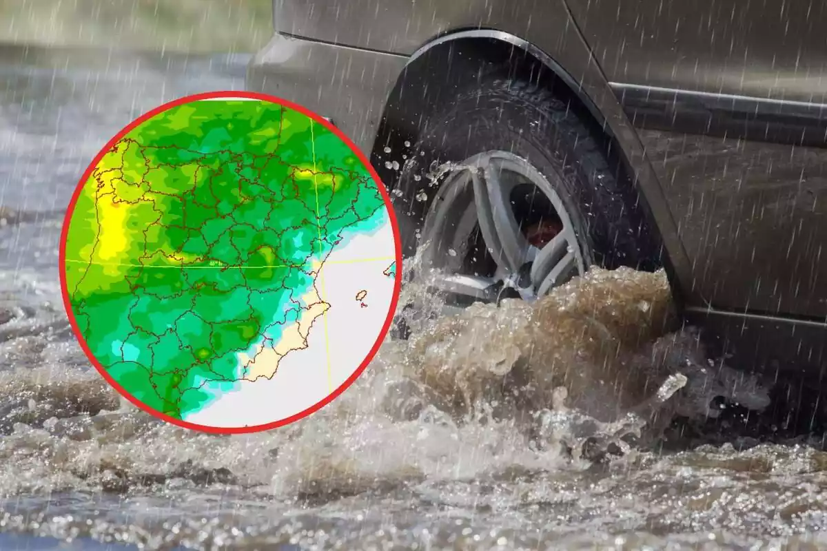 Montaje con un coche atravesando un charco y el mapa de lluvias de la aemet