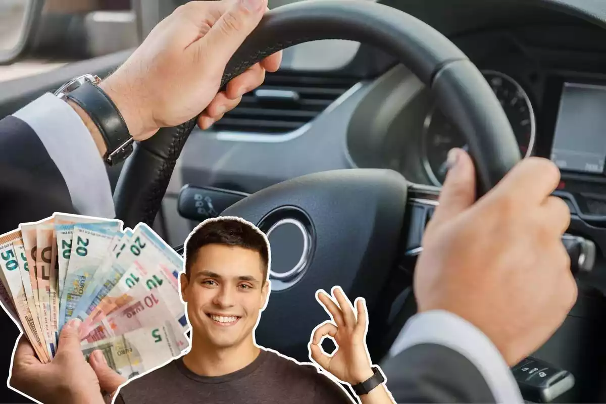 Imagen de fondo de unas manos apoyadas en el volante de un coche, junto a otras dos imágenes, una de un hombre con gesto de aprobación y otra de una mano con billetes