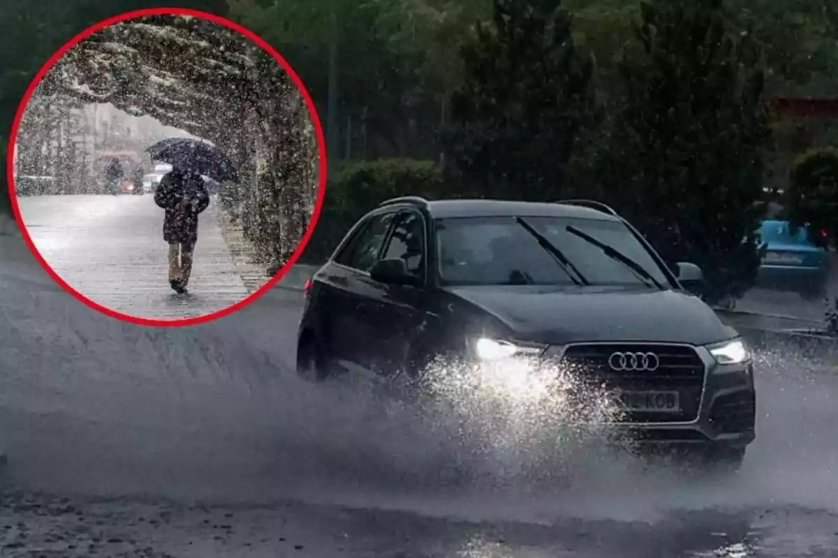 Imagen de fondo de un coche pasando por un charco de agua y otra de una persona con un paraguas y nieve cayendo