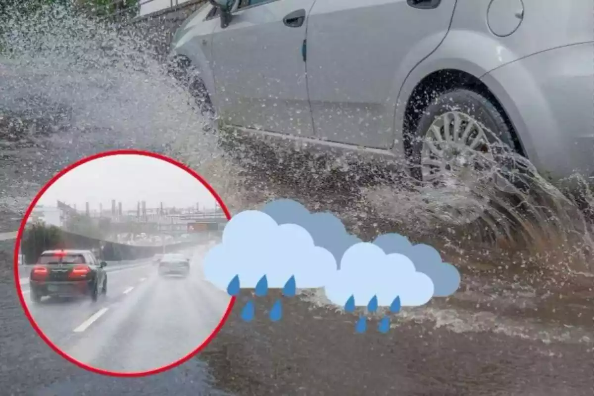 Imagen de fondo de un coche por una carretera mojada junto a otra imagen de varios coches circulando con lluvia y unos emoticonos de nubes con lluvia