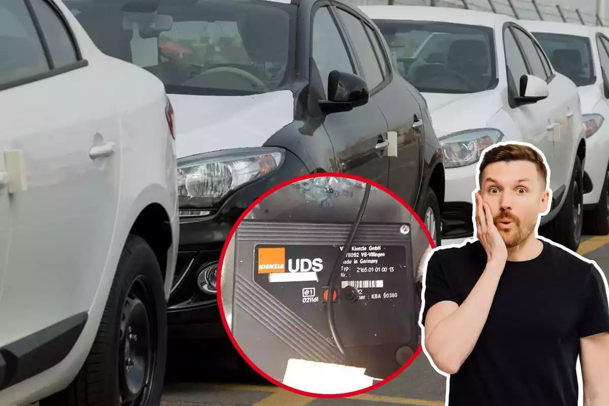 Imagen de fondo de varios coches aparcados, junto a otra imagen de una caja negra y un hombre sorprendido