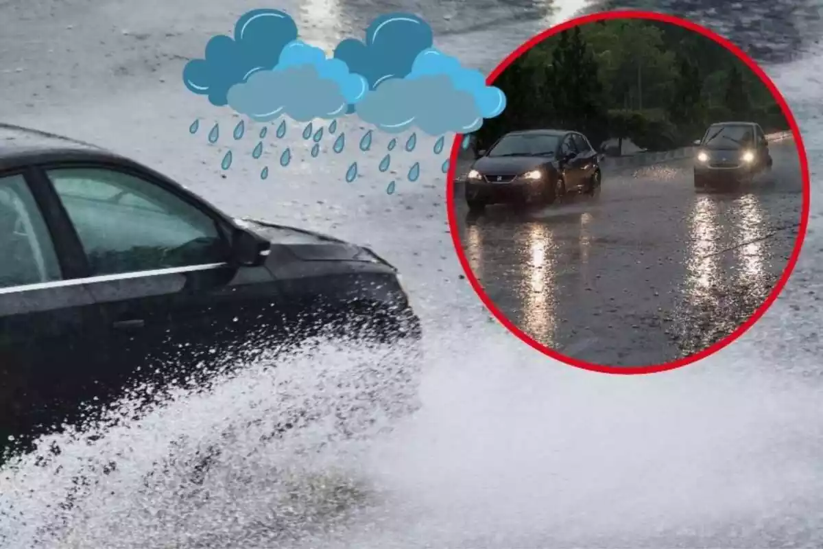 Imagen de fondo de un coche por una carretera llena de agua y otra imagen de dos coches circulando por carreteras con lluvia, además de unos emoticonos de nubes y lluvia