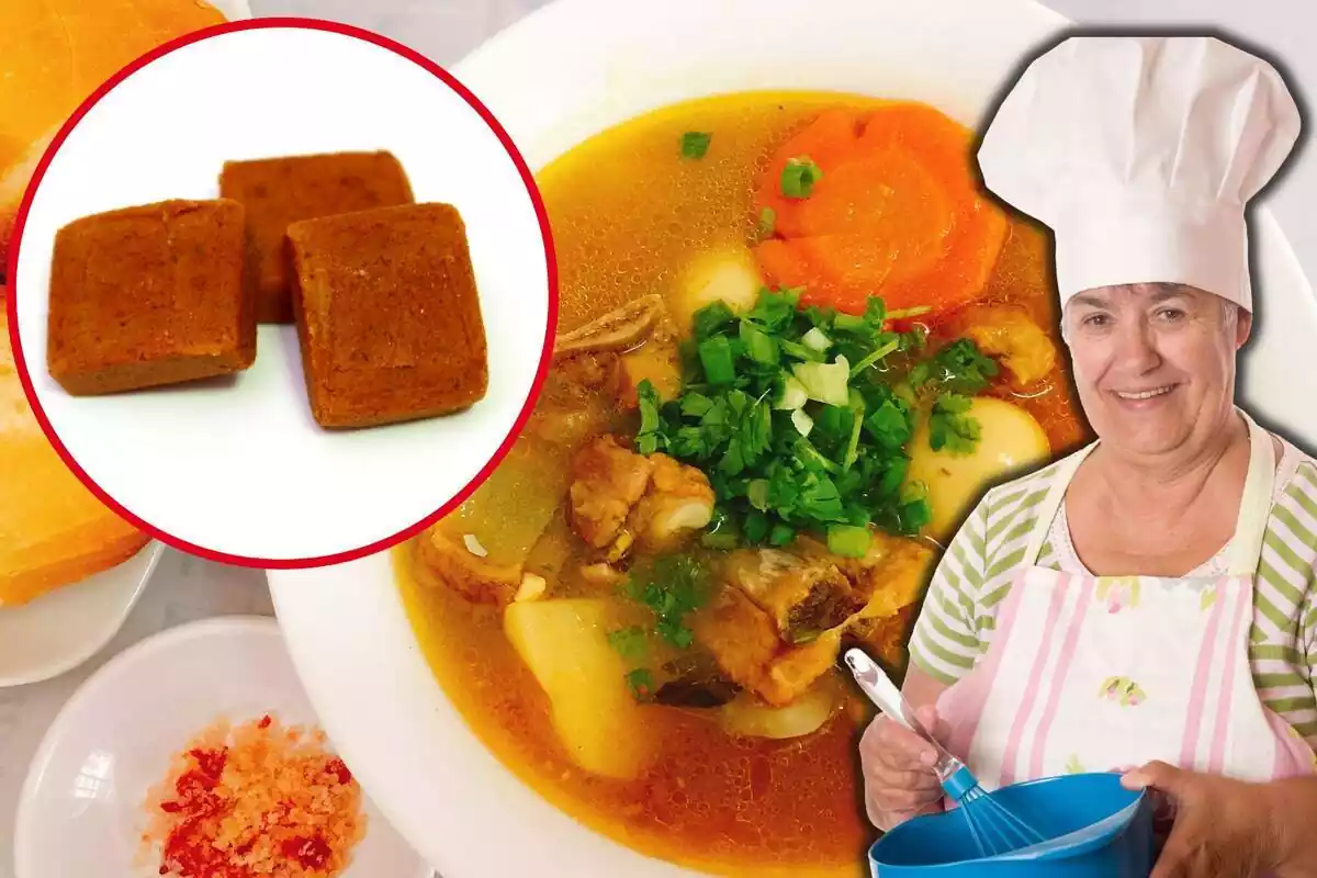 Mujer cocinando con un gorro de chef y un bol en la mano acompañada de una foto destacada de pastillas para caldo y una imagen de fondo de un bol con sopa Mujer cocinando con un gorro de chef y un bol en la mano acompañada de una foto destacada de pastillas para caldo y una imagen de fondo de un bol con sopa