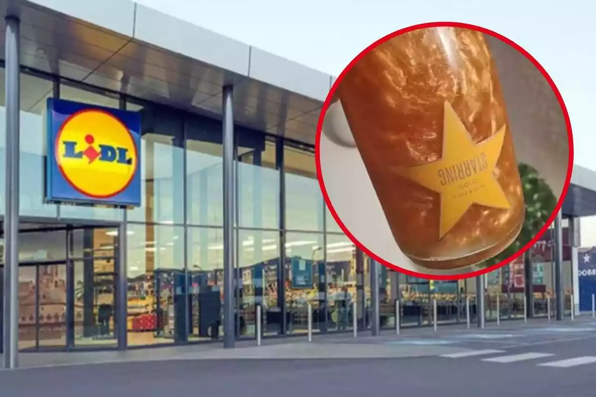 Montaje con fachada de un supermercado de Lidl y en un círculo su cóctel de vino Starring Gold