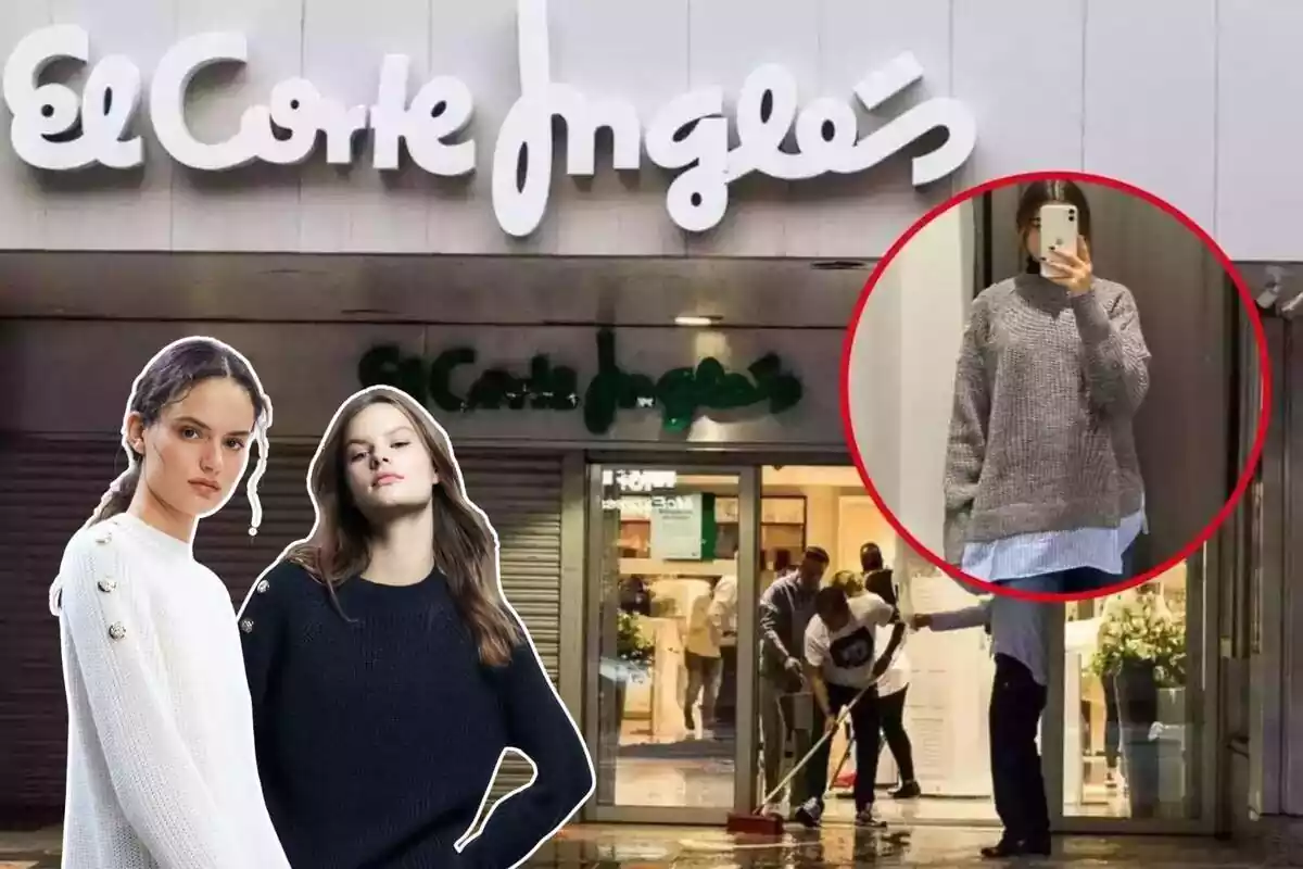 Imagen de fondo de una tienda El Corte Inglés junto a otras imágenes de tres personas posando con un jersey de Sfera en varios colores distintos