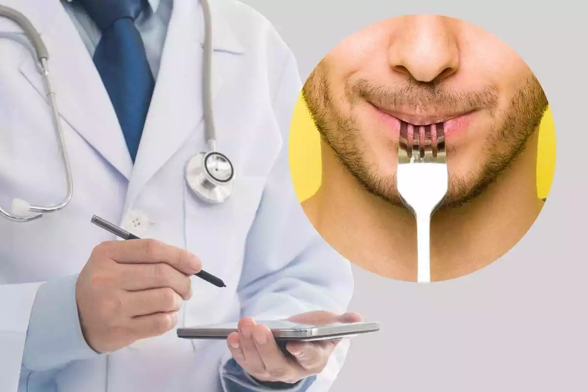 Montaje con una imagen de fondo de un médico y en primer plano una persona con un tenedor en la boca