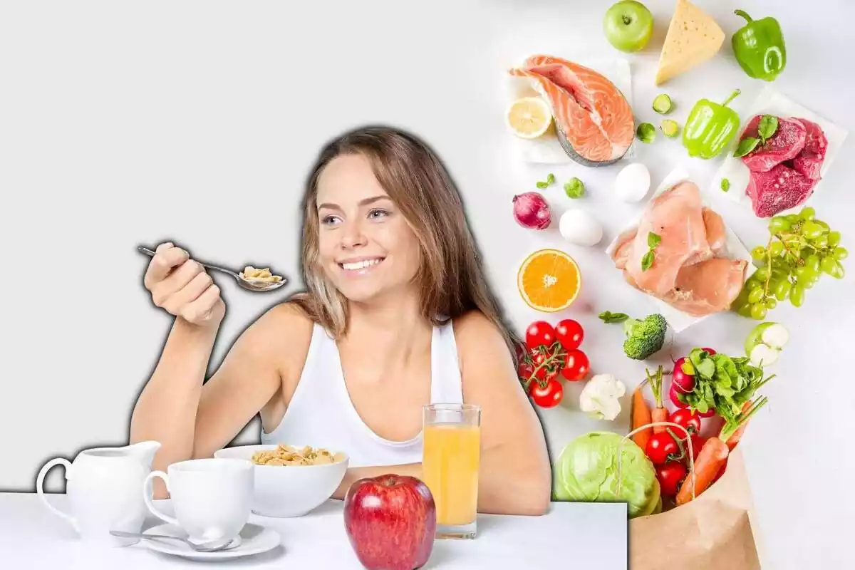 Chica comiendo saludable y fondo de comida sana
