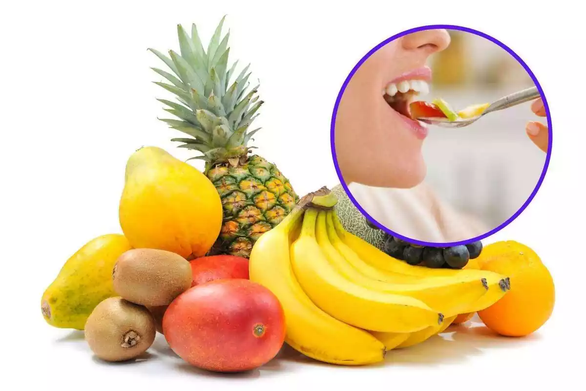 Montaje con piezas de fruta y persona comiendo fruta en una cuchara