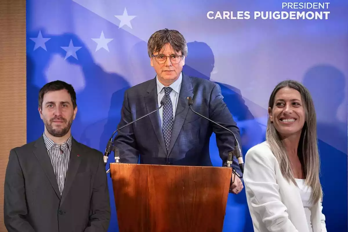 Montaje con Carles Puigdemont subido a un atril, flanqueado por Toni Comín y Míriam Nogueras Montaje con Carles Puigdemont subido a un atril, flanqueado por Toni Comín y Míriam Nogueras