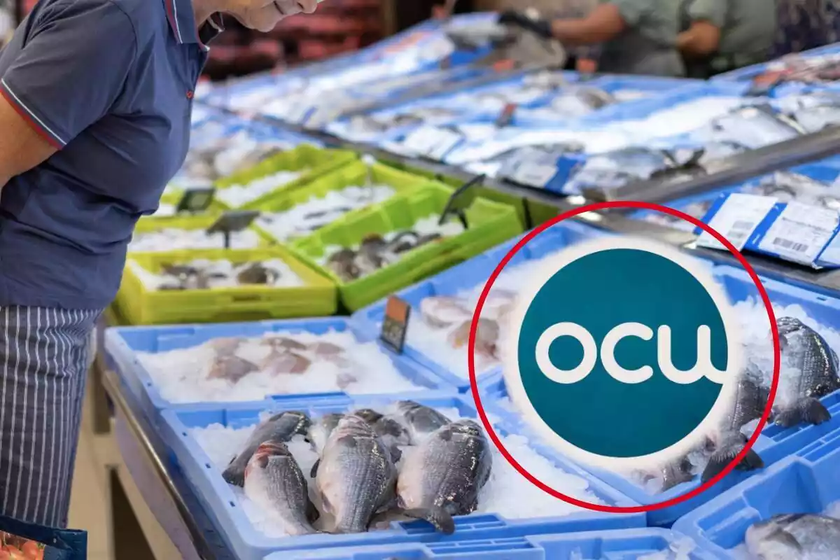 Logo de la OCU en círculo rojo a la derecha sobre fondo en el que aparece señora con pantalón de rayas y polo azules asomada a un mostrador de pescado fresco