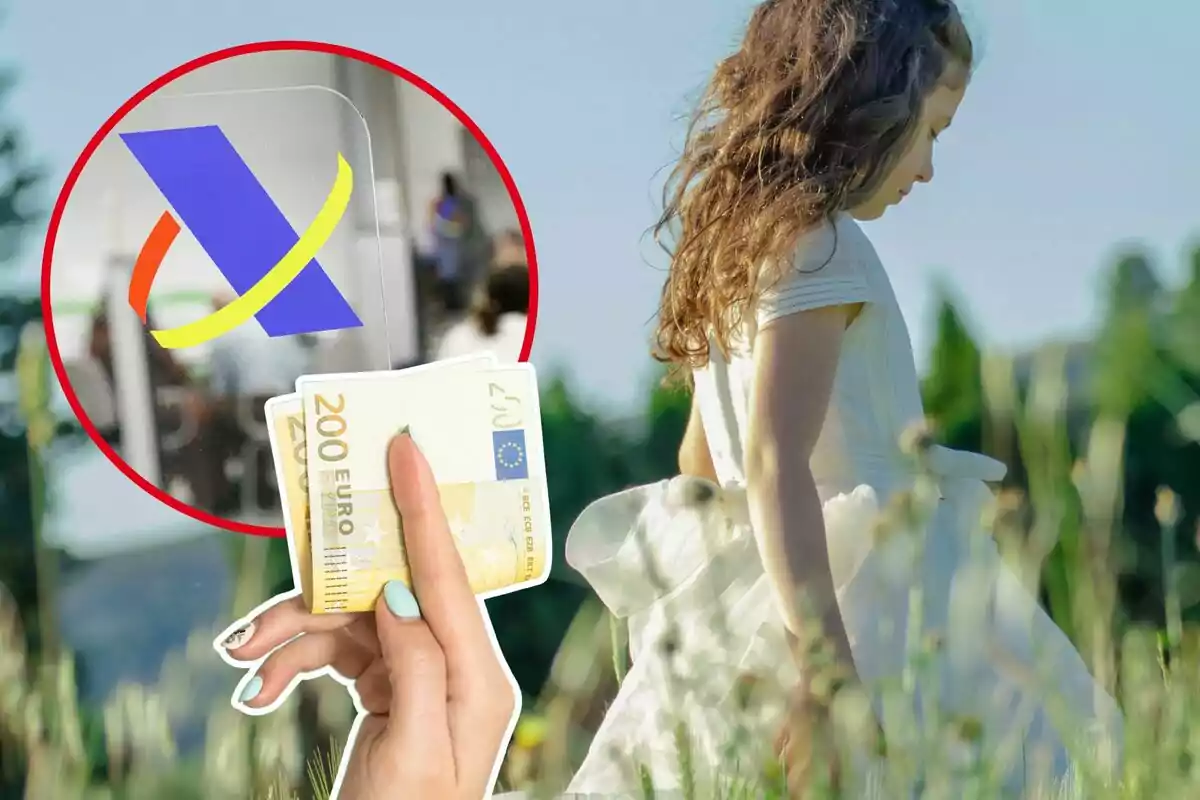 Una niña con un vestido blanco está en un campo, mientras que en la esquina superior izquierda hay un círculo rojo con el logo de una entidad y una mano sosteniendo billetes de 200 euros.